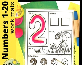 Tapetes de aprendizaje de números del 1 al 20 para contar hasta 20 con plastilina y contadores, ideales para páginas de libros ocupadas, juegos de carpetas de archivos y centros