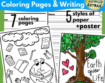 Páginas para colorear del Día de la Tierra para niños y papel para escribir, mensaje de escritura, papel para escribir con líneas para niños