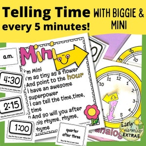 Può includere: Un foglio di lavoro educativo colorato per insegnare ai bambini a dire l'ora. Il foglio di lavoro presenta un personaggio dei cartoni animati di nome Mini, un quadrante dell'orologio e una rima su come dire l'ora. Il testo sul foglio di lavoro dice: "Telling Time with Biggie & Mini every 5 minutes!" e "Sono Mini, sono piccola come un fiore e indico l'ora, ho un superpotere, posso dire l'ora, l'ora, l'ora, e anche tu dopo questa rima, rima, rima."