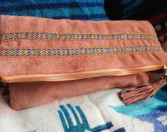 Tan suede recycled clutch bag with trim