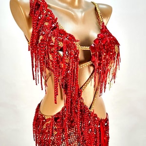 Custom Red Latin Dance Dress – Gold Fringe & Crystal Chains – Rumba, Samba, Cha-Cha Competition Costume