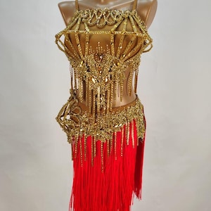 Personalisierbarer Latein Tanz Bodysuit – Gold Crystal Cage Design mit austauschbaren Fransenröcken und passenden Handschuhen