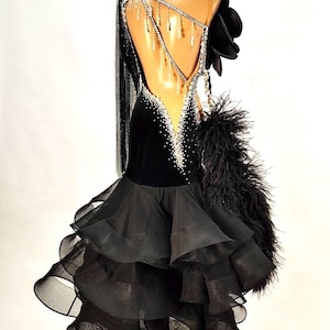 Black Couture Standard Ballroom Dress – Dramatic 3D Flower & Feather Detail, Crystal Fringe, One-Sleeve Elegance