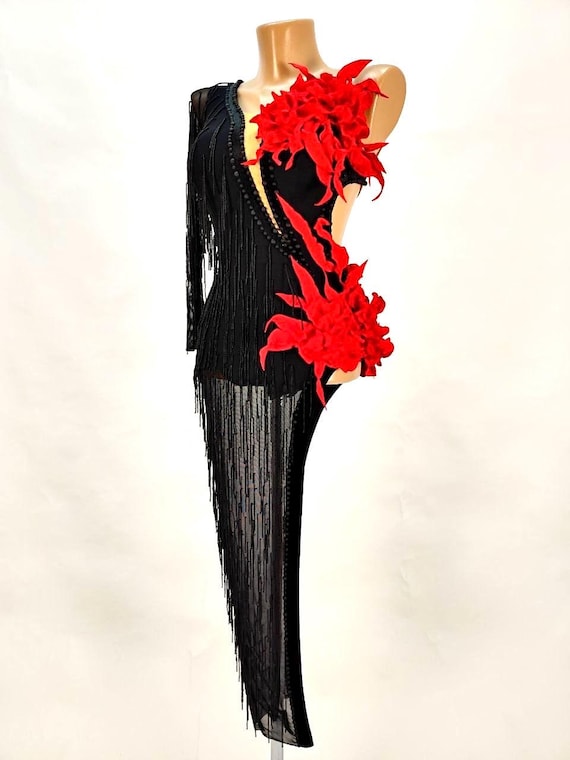 black and red latin dance dress Black with red latin dance dress for women Sailor Dance Three Steps  Performance Costumes Ballroom Dance Female Latin Dance Competition  Performance Costume