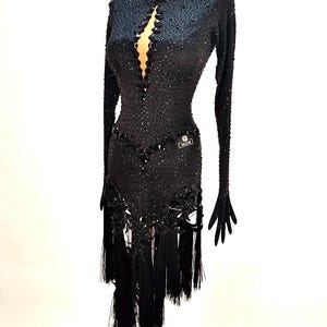 Custom Black Latin Ballroom Dress with Crystals & Fringe | Elegant High Neck Design