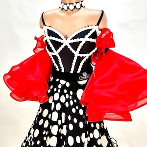 Polka Dot Ballroom Dance Dress – Red Organza Sleeves & Pearl Back Chains – Waltz, Foxtrot, Standard Competition Gown