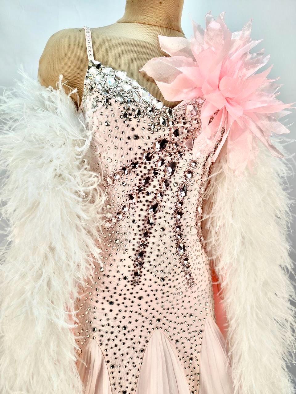 カスタムピンクの社交ダンスドレス - フェザーボアとクリスタルの