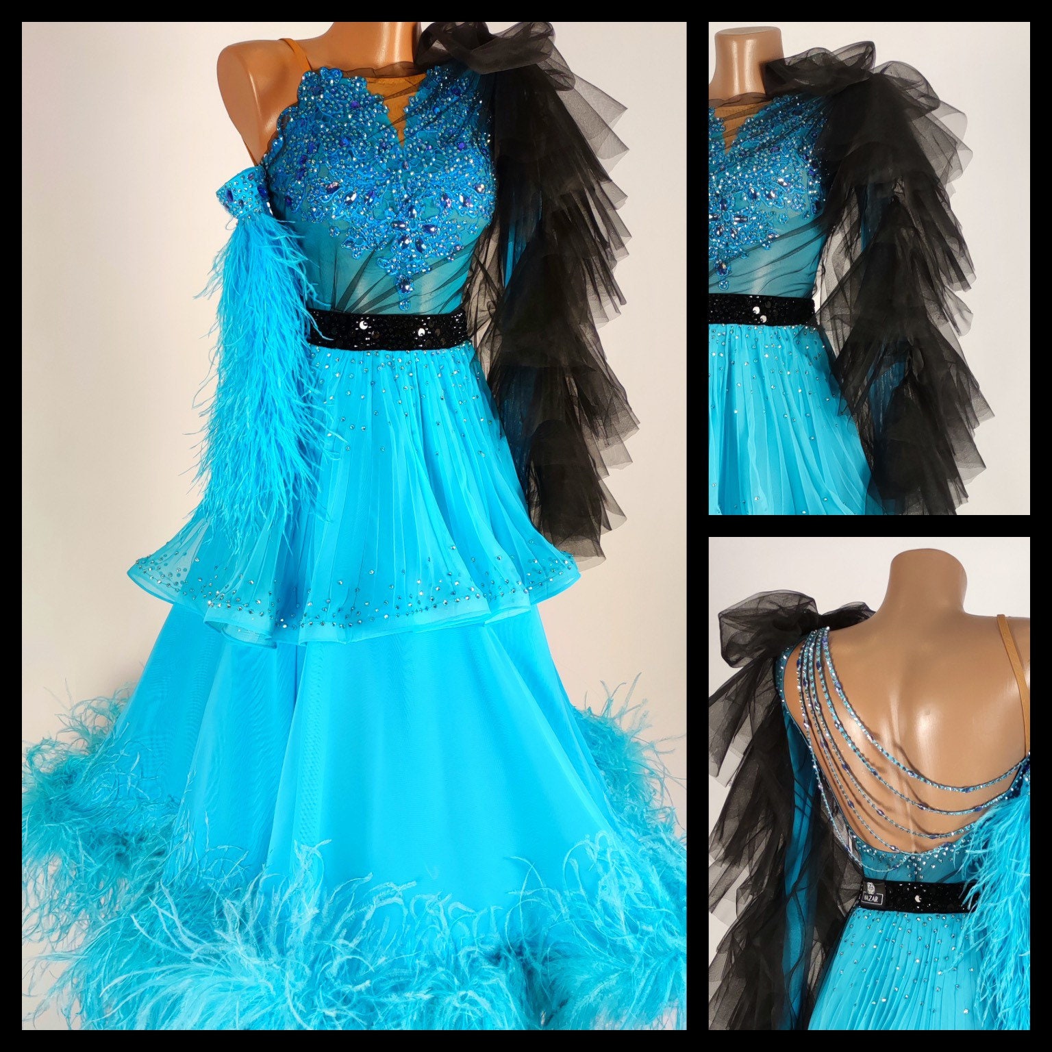 Custom size blue with white gradient colored feather diamond ballroom dance  dress for women girls handmade waltz tango flamenco dancing long dresses  for lady