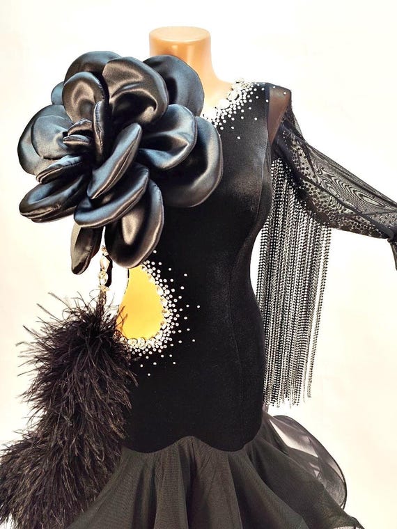 Black Couture Standard Ballroom Dress  Dramatic 3D Flower & Feather  Detail, Crystal Fringe, One-sleeve Elegance - Etsy