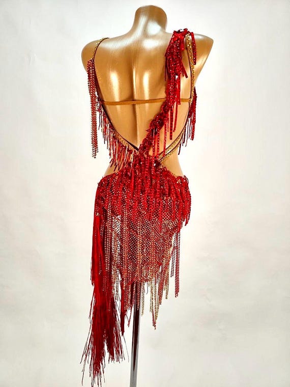 red cha cha dress Custom size competition slant neck red latin dance dresses for women girls one shoulder sexy tassels salsa rumba cha cha rhythm dancing outfits with irregular skirts for woman- Content : Only dress