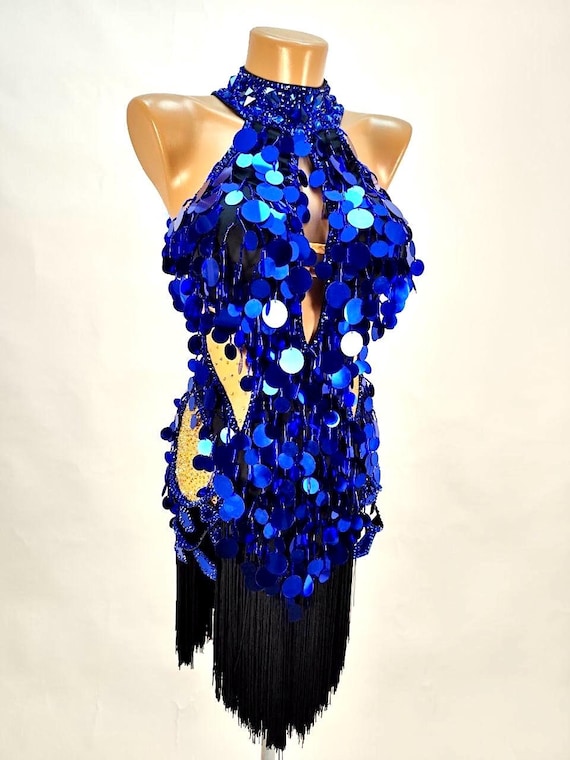 Royal Blue Sequin Fringe Latin Dress | Custom Ballroom Dance Gown for Women | Nazar Dance Boutique