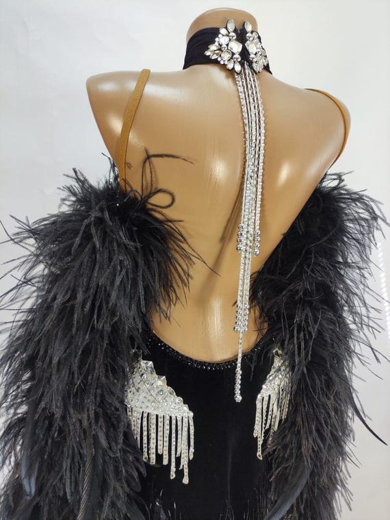 dancing feathers tassel halter neck maxi dress in black Custom Ballroom Dance with Lace, Feathers, and Crystals V NECK DRESS