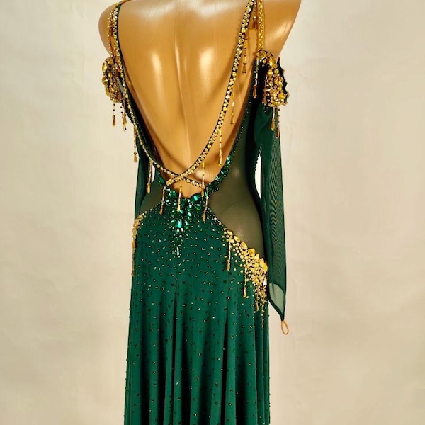 Emerald Green Latin-Rhythm Dress with Gold Accents-Janina