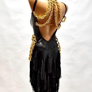 Custom Black Ballroom Latin Dress – Gold Chain Accents & Tassel Fringe – Couture Rumba or Samba Performance Gown