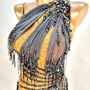 Black Latin Dance Dress – One-Shoulder Fringe Design with Crystal Accents, Custom Rhythm Costume