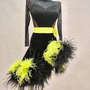 Convertible Black Feather & Chiffon Ballroom Dress – Dual Skirt Design
