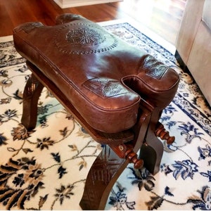 Brown Camel Saddle Stool, Ottoman Bench Seat, Wooden Camel Foot Stool With Genuine Leather Brown Cushion, Bohemian Small Stool, Black Stool.