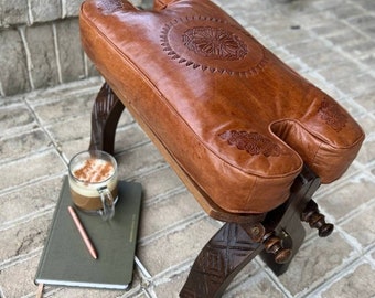 Caramel Camel Saddle Stool, Ottoman Bench Seat, Wooden Camel Foot Stool With Genuine Leather Caramel Cushion, Boho Versatile Small Stool