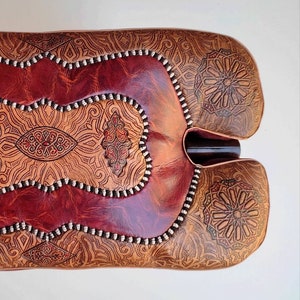 Handmade Marble Brown Leather Pad With Moroccan Patterns, Hand Carved Wood Cedar Stool, Genuine Leather Cushion, Great Camel Saddle Stool.
