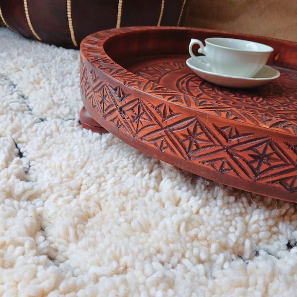 Hand Carved Berber Sunshine Design in Wooden Deep Round Multipurpose Serving Tray, Risers Decorative Display Tray, Round Wooden Footed Tray.