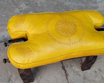 Moroccan Yellow Camel Saddle Stool, Ottoman Bench Seat, Carved Wooden Saddle Stool With Genuine Leather Cushion, Boho Versatile Small Stool.