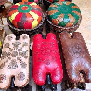 Artisanal Camel Saddle Stool, Genuine Sheepskin Cushion and Carved Cedar Wood Base, Leather Folding Stool, Foldable Leather Ottoman.