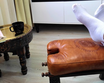 Stunning Leather Foot Stool, Ottoman Bench Seat, Wooden Camel Footrest With Genuine Leather Caramel Cushion, Bohemian Small Leather Stool.