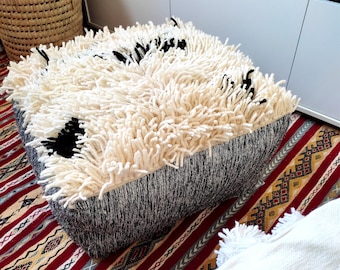 Berber Pouf Woven with Fine Sheep Wool and Cotton, Black & White Handmade Floor Cushion with Bohemian Touch, Moroccan Tribal Pillow Cover.