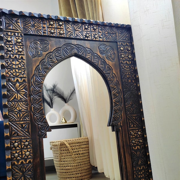 Moroccan Hand Carved Wooden Mirror - Carved Mirror in Vintage Style - Old Wall Mirror Frame- Wall Decor Wood Frame - Farmhouse Wall Decor.