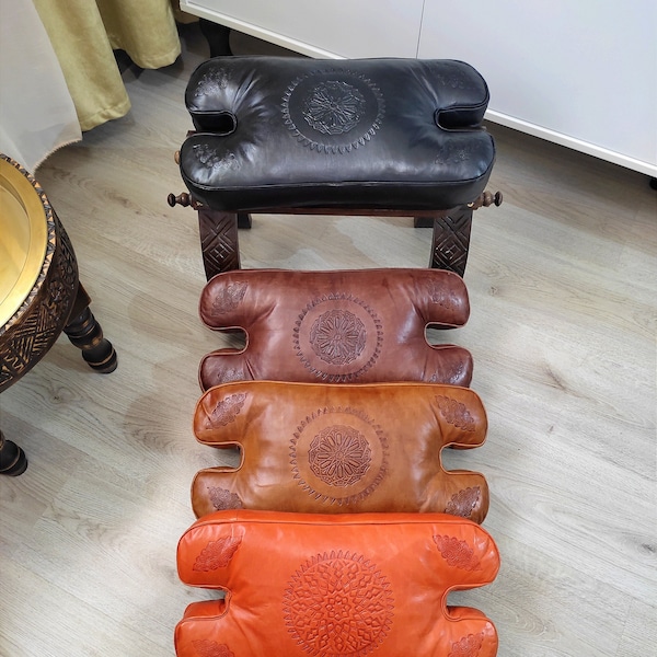 Genuine Soft Sheepskin Footrest with Carved Cedar Wood Base, Leather Folding Foot Stool, Foldable Leather Ottoman, Moroccan Camel Saddle.