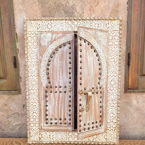 Rustic Hand Carved Wall Decor, Vintage Style Moroccan Door with Brass Latch, Old Riad Windows, Hanging Wall Art Door.