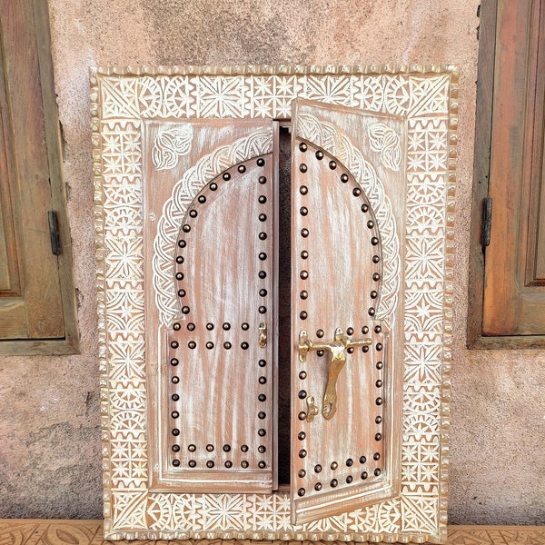 Rustic Hand Carved Wall Decor, Vintage Style Moroccan Door with Brass Latch, Old Riad Windows, Hanging Wall Art Door.