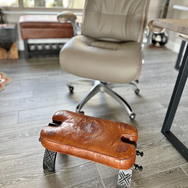 Comfortable Leather Foot Stool, Wooden Bench Seat with Soft Sheepskin Cushion, Old Style Camel Saddle Stool, Vintage Stool, Best Gift.