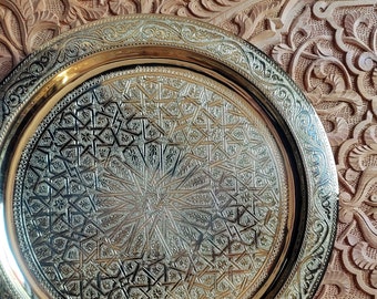 Hand Engraved Moroccan Brass Tray, Solid Brass Engraved With Moroccan Geometric Motifs Inspired By Ancient Islamic Architecture.