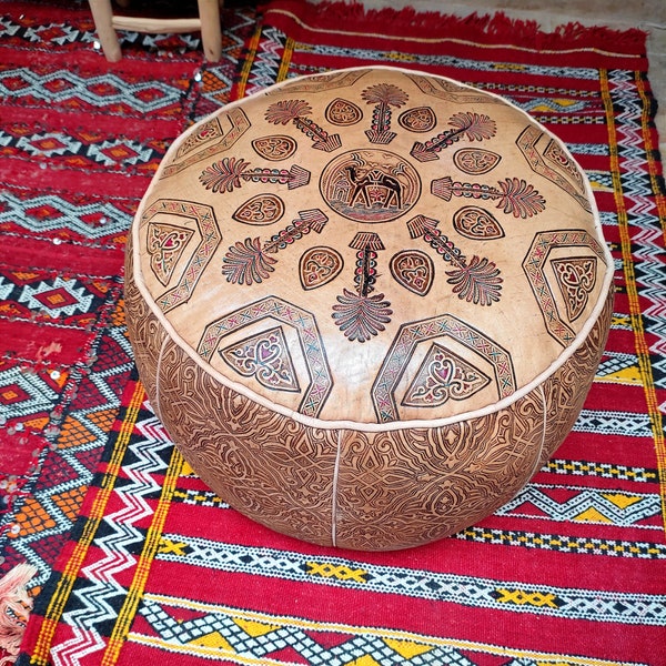 Moroccan Round Pouf Handmade with Real Soft Sheepskin, Organic and Genuine Leather Pouffe, Naturally Treated in Chouara Tannery in Fes.