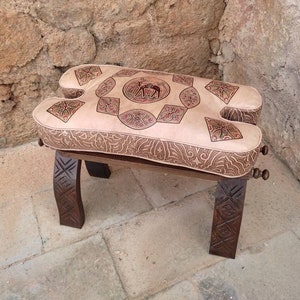 Camel Saddle Stool, Foldable Wooden Foot Stool With Colorful Patterns Pad, Soft Genuine Sheepskin Pad, Perfect Gift for Mom.