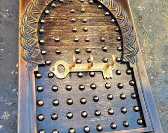 Vintage Moroccan Style Handcarved Wooden Key Holder, Handmade Decorative Brass Key, Hanger Entryway Key Organizer, Best Gift For New Home.
