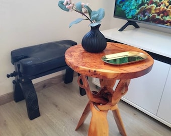 Hand-Carved Table Withe Red Wood Juniper, Carved Wooden Side Table, Low Tea Coffee Table Withe Foldable Legs, African Style Tripod Table.