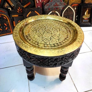 Moroccan Vintage Style Wooden Table, Engraved Copper Tray, Arabian Side Coffee Table Withe Ornate Brass Tray, Handmade Low Tea Table.