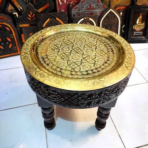 Moroccan Vintage Style Wooden Table, Engraved Copper Tray, Arabian Side Coffee Table Withe Ornate Brass Tray, Handmade Low Tea Table.