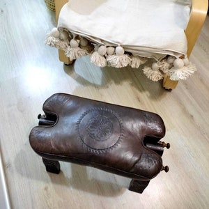Moroccan Camel Saddle Stool, Genuine Dark Brown Leather Cushion, Handmade Cedar Wood Saddle Stool With Sheepskin Pad, Best Gift For Parents