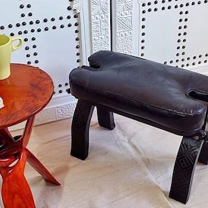 Black Leather Footstool, Ottoman Bench Seat, Moroccan Wooden Stool With Black Genuine Leather Cushion, Soft Footrest, Middle Easte Seat.