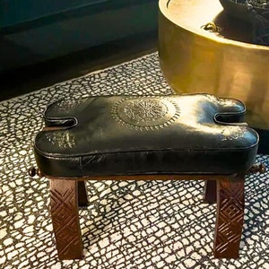 Full Black Camel Saddle Stool, Hand Carved Base With Black Genuine Leather Cushion, Handmade Moroccan Bohemian Small Stool, Soft Footstool.