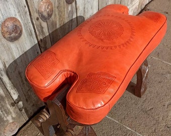 Orange Moroccan Camel Saddle Stool, Ottoman Bench Seat, Carved Wooden Saddle Stool With Genuine Leather Cushion, Boho Versatile Small Stool