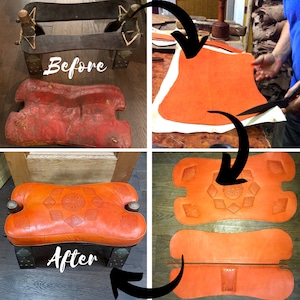 May include: Before and after restoration of an orange leather ottoman. The ottoman has a carved wooden frame and a geometric pattern on the top. The before image shows the ottoman with worn leather. The after image shows the ottoman with new leather and a geometric pattern.