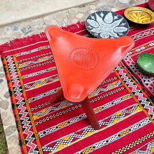 100% Handmade Leather Folding Stool, Genuine Cow Leather Tripod Camp Stool, Bohemian Triangl Leather Chair, Available in 6 colors. Orange #6