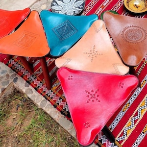 Genuine Leather Folding Stool, Colorful Cow Leather Tripod Camp Stool, Gorgeous patterned Triangl Leather Chair, Available in 6 colors.