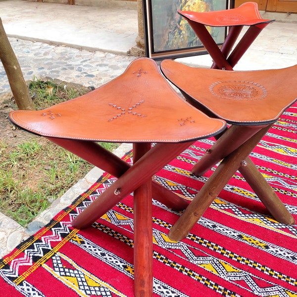 Handmade Folding Triangular Stool, Camping Stool Withe Genuine Cow Leather, Wooden Tripod Camp Stool, Moroccan Style, Available in 6 colors.