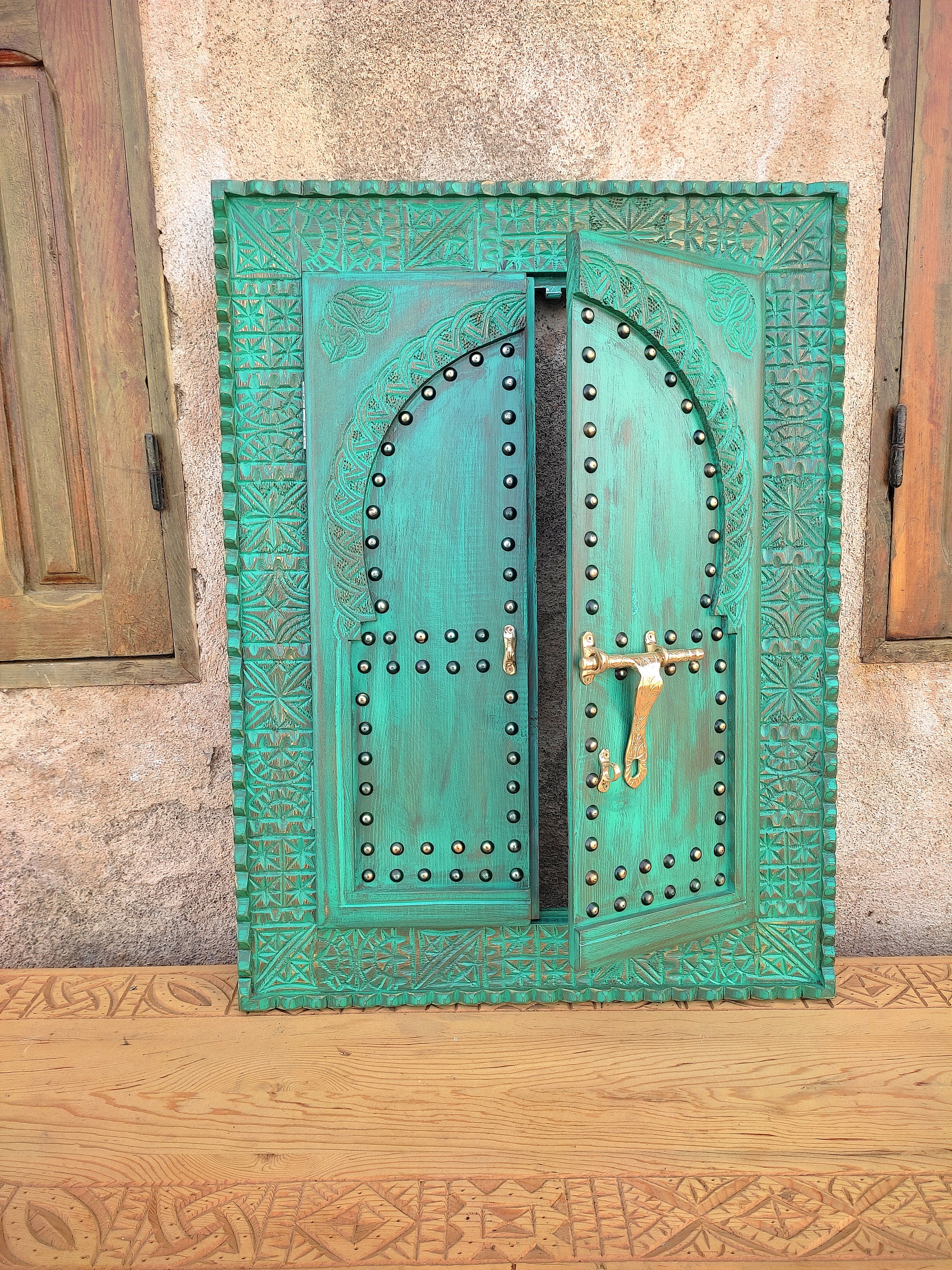 Hand Carved Moroccan Door With Brass Latch, Vintage Style Carved