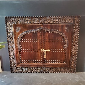 Customized Hand Carved Fireplace Cover With Vintage Style Brass Lock, Moroccan Vintage Style Window, Old Window Frames, Wall Art Wood Cover.